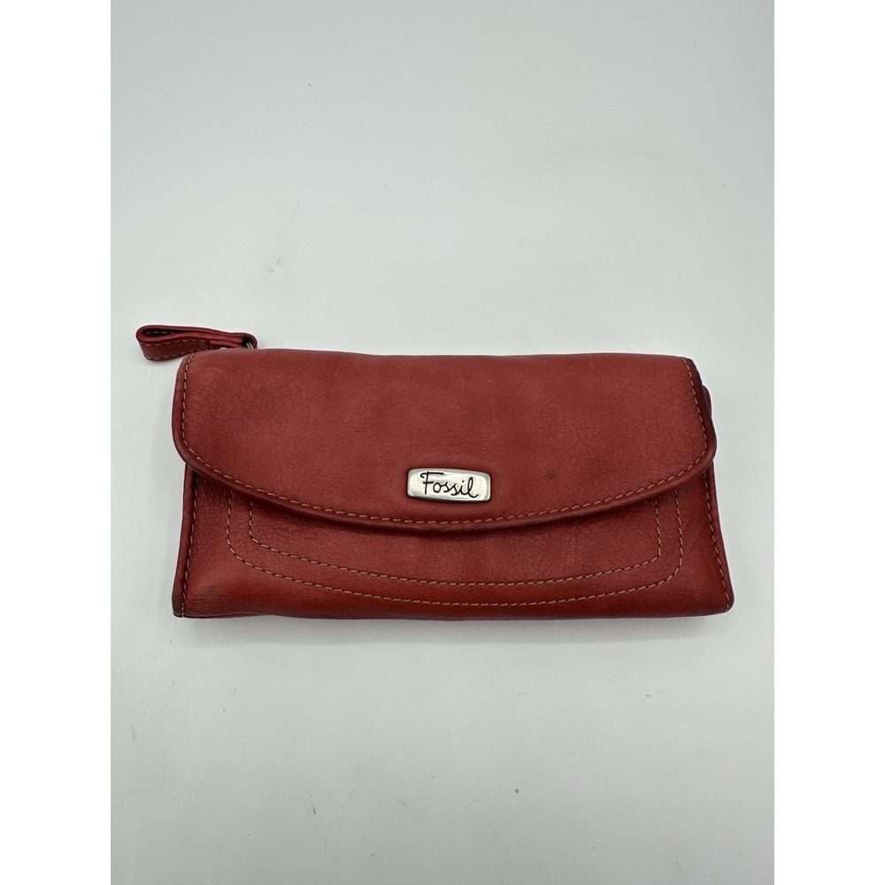 Fossil Red Leather Clutch Wallet Wristlet Organizer Women's Snap Zip